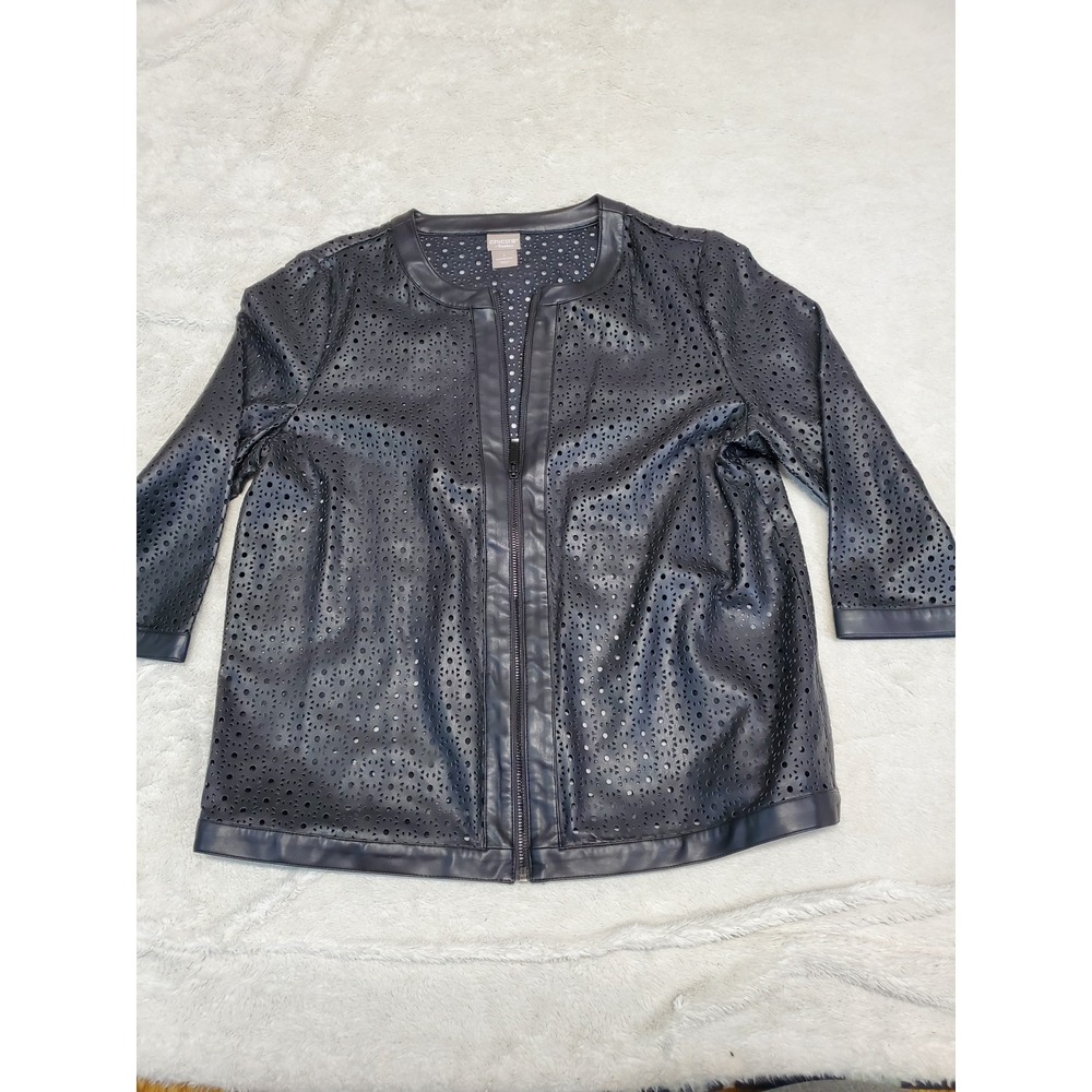 Chico's Black Faux Leather Perforated Floral‎ Whimsigoth Jacket 8 10 Moto Party